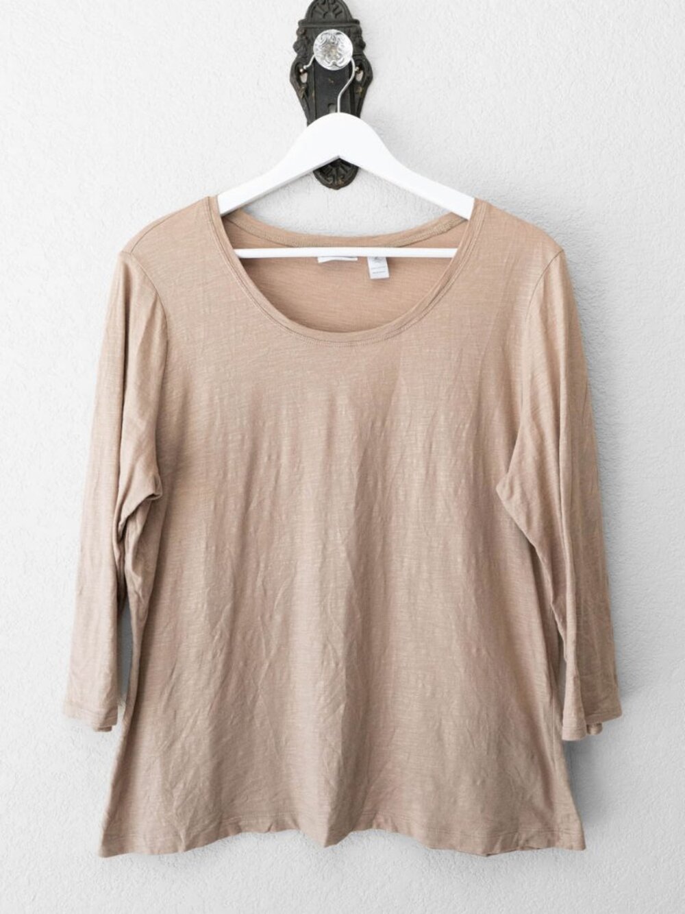 Zenergy by Chicos Womens 2 L Tan Shimmer Top 100% Cotton 3/4 Sleeve Metallic